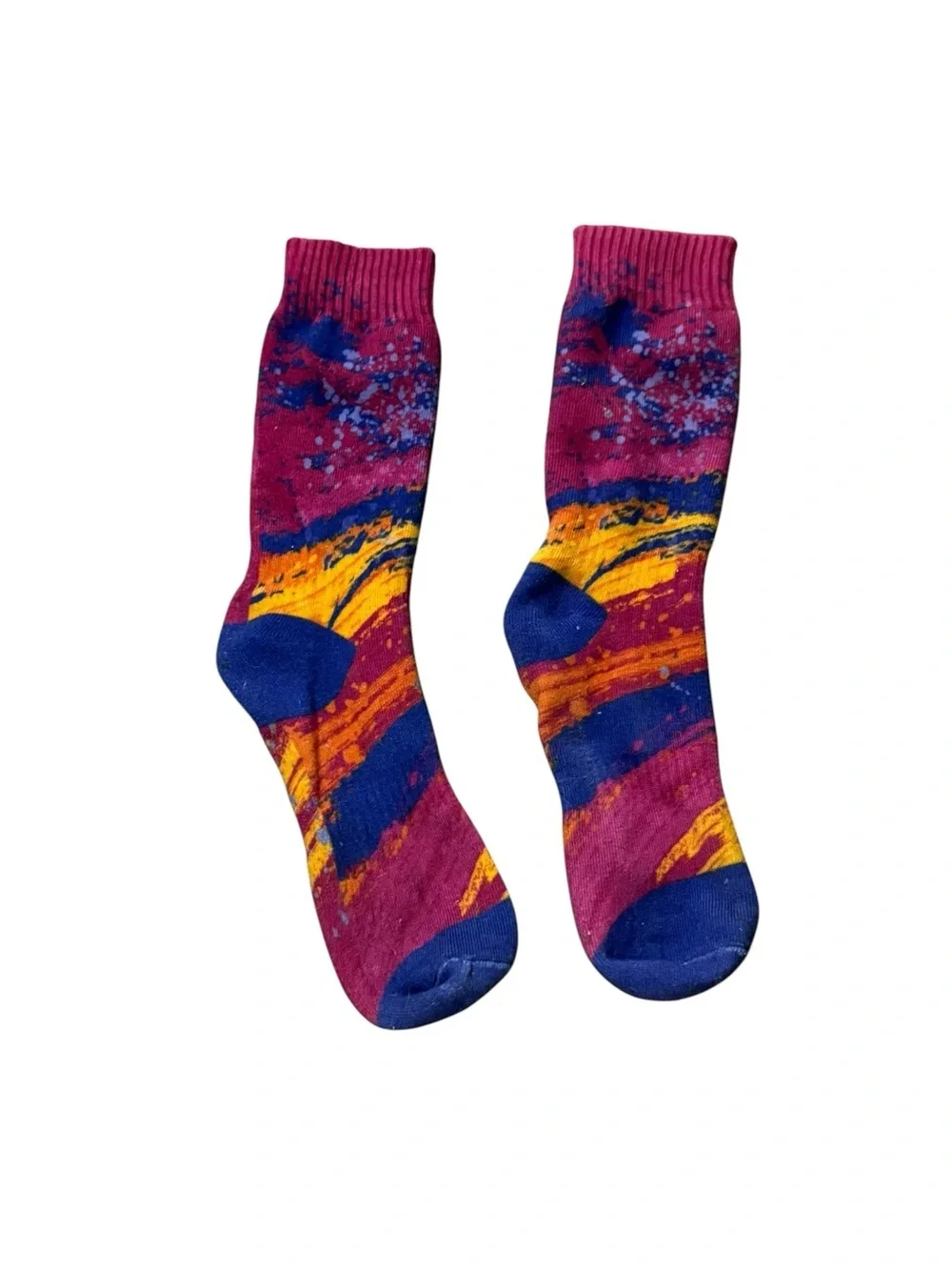 Free People Magenta Crew Socks with Blue & Yellow Wave Pattern M/L Women